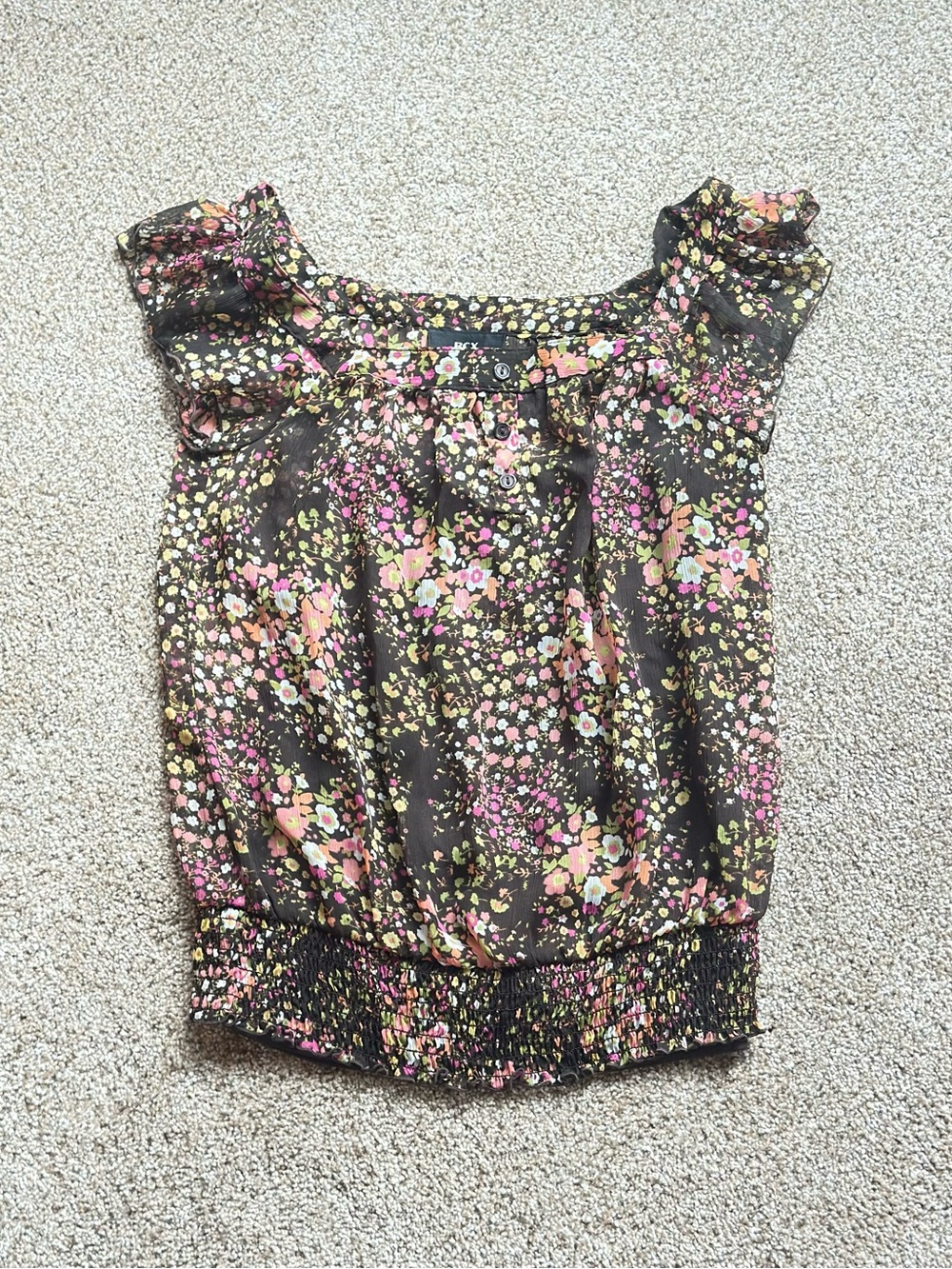 BCX Brown Floral Ruffle-Sleeve Blouse with Built-In Tank Top Pink & Green Print
